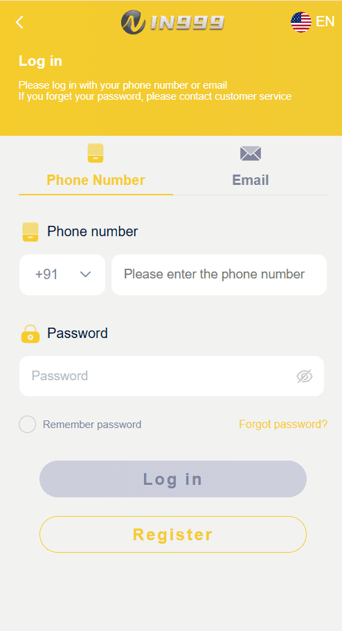 IN999 login screen with +91 phone number tab for players in India