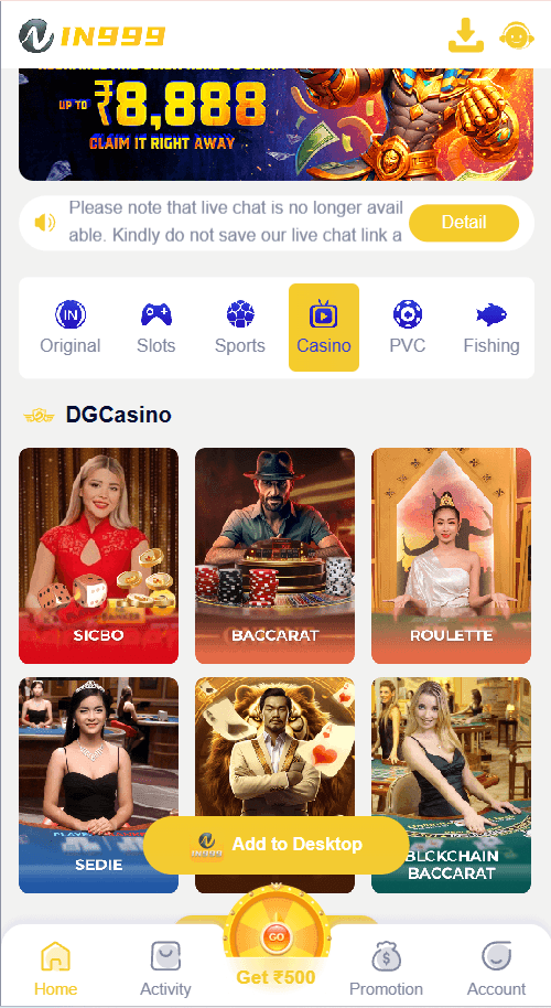 IN999 casino tables including baccarat and roulette