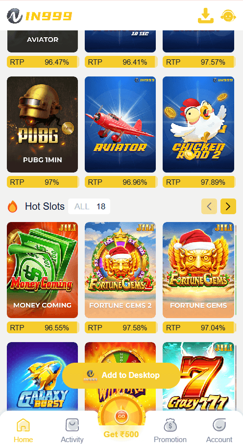 IN999 games grid with RTP bars as seen after login