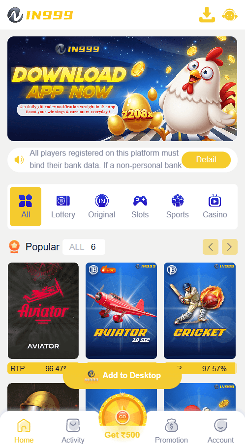 IN999 home lobby with popular games including Aviator and Cricket