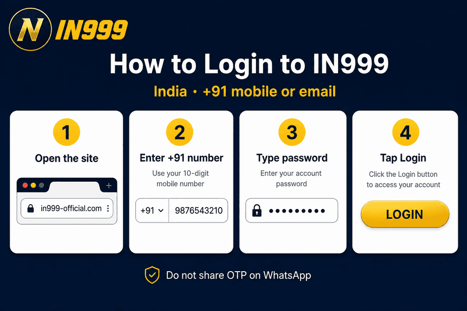 How to register and login to IN999: open the site, enter +91 number, type password, tap login