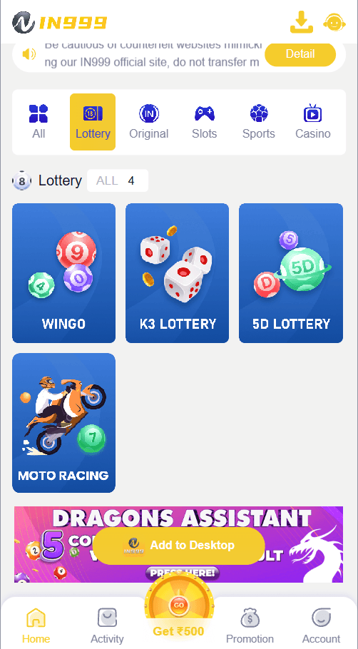 IN999 lottery games Wingo K3 5D and moto racing