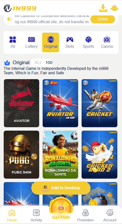 IN999 original games including Aviator, Cricket and Chicken Road