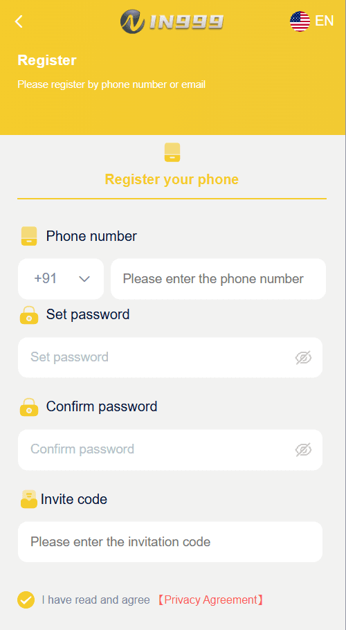 IN999 register screen with +91 phone number, password and invite code fields
