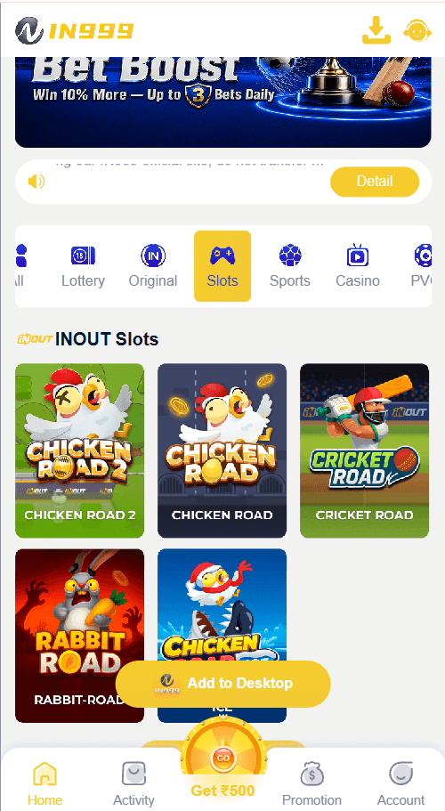 IN999 slots including Cricket Road and Chicken Road