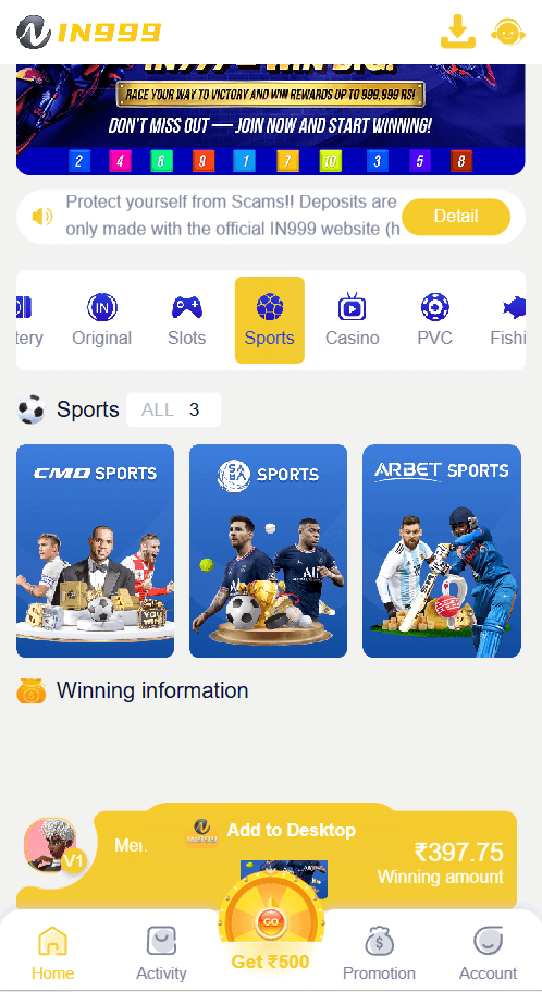 IN999 sports lobby with cricket and football markets